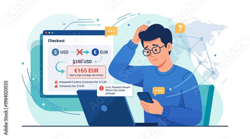 Man frustrated by hidden currency conversion fees on laptop