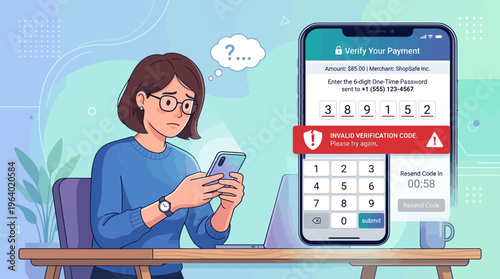 Woman encountering invalid verification code error on smartphone