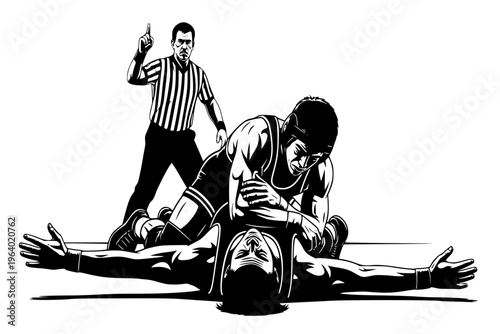 Wrestling Pin Silhouette Victory Mat Finish Referee Count Combat Sports Match Black Vector