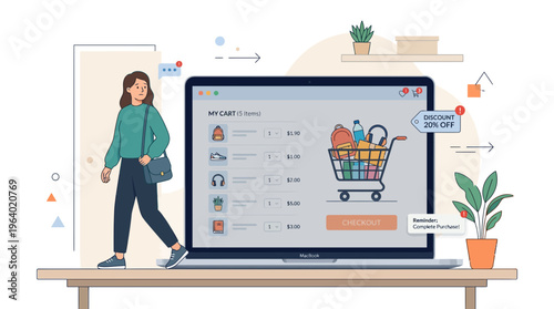 Woman Walking Away from Abandoned Online Shopping Cart on Laptop