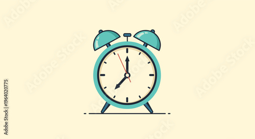 Teal retro style alarm clock with bells on top showing seven o clock against a soft yellow background for time management.