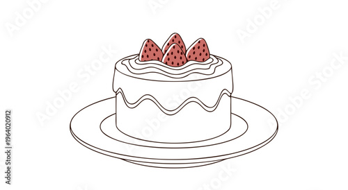 Delicious Strawberry Cake Vector Illustration on a Plate, Isolated, Perfect for Food Blogs and Dessert Recipes