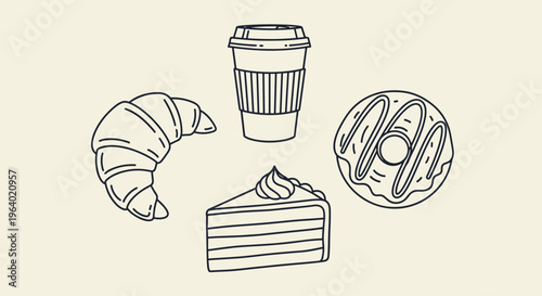 Set of hand-drawn pastries and coffee cup in line art style.