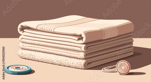 Neat stack of soft beige towels on a clean surface perfect for spa bathroom and home textile merchandising displays.