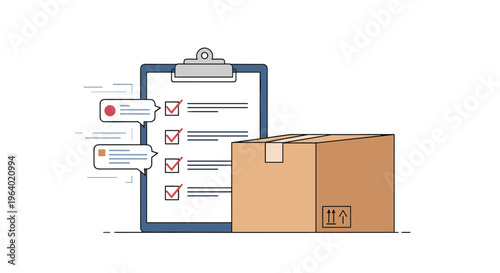Shipment verification concept showing a checklist on a clipboard next to a brown cardboard box for quality control tasks.