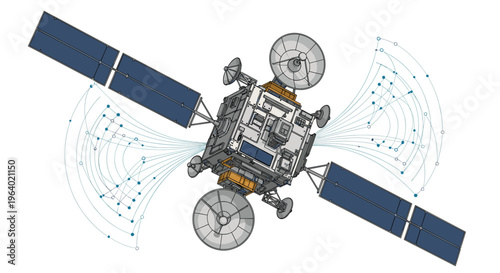 Complex satellite orbiting in space featuring large solar panels and multiple antenna dishes for communication and research.