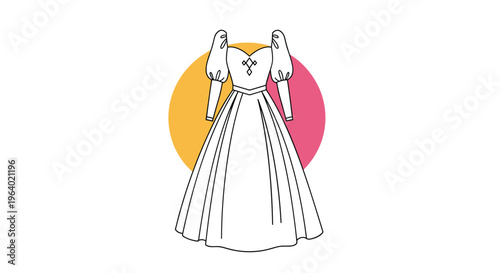 Formal long sleeve white dress or gown design displayed against a simple circular backdrop for fashion illustration purposes.