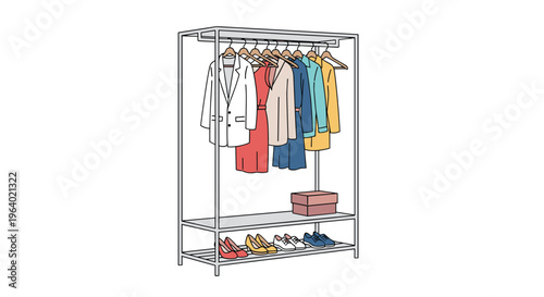 Organized metal clothing rack featuring hanging jackets dresses and shirts with shoes arranged on the bottom shelves.