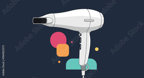 Professional white hair dryer tool used for styling and grooming displayed on a dark background with colorful accents.