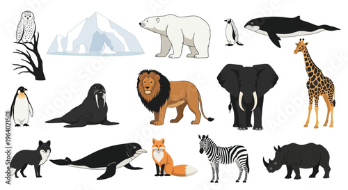 Collection of diverse arctic and savanna animals shown together with an iceberg graphic