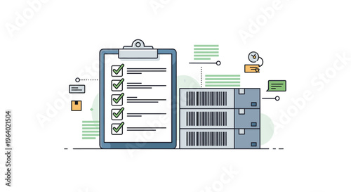 Data center inventory concept showing a checklist on a clipboard next to server units for system maintenance and auditing.
