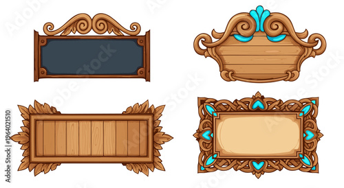Collection of ornate wooden frames and banners for graphic design, vector illustration