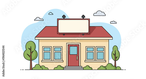 Small commercial building or shop storefront with a red roof and a blank billboard sign on top for branding.