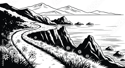 Coastal path with flowers and mountains overlooking ocean.