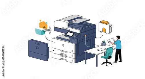 Professional office copier and multifunction printer system with a person working at a desk representing modern workplace efficiency.