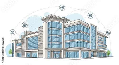Modern office building architectural sketch with global connectivity and communication network icons representing corporate business.