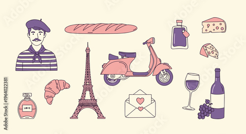 Parisian symbols Eiffel Tower, scooter, beret, baguette, wine, cheese.