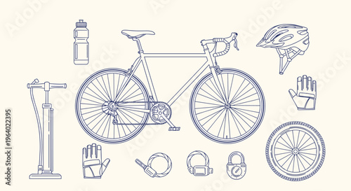 Bicycle, helmet, pump, gloves, locks and wheel vector.