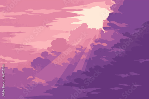 beautiful violet sky with cloud and shining sun nature view landscape background flat color vector illustration template design