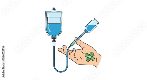 Vector illustration of a hand receiving an intravenous infusion, medical treatment concept
