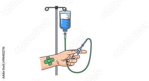 Detailed Vector illustration of a patient's hand undergoing intravenous drip insertion, highlighting essential medical treatment and healthcare procedures