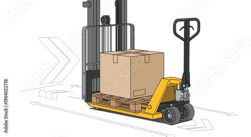 Industrial manual pallet jack transport vehicle carrying a heavy cardboard box in a professional warehouse or logistics center.