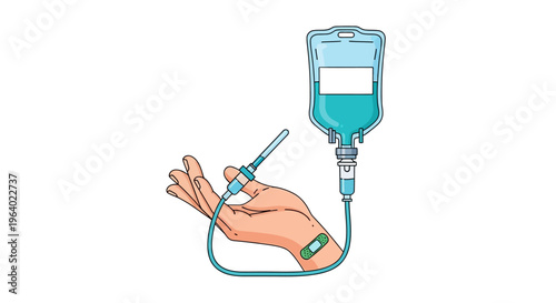 Vector Illustration of Intravenous Drip Bag Connected to a Patient's Arm with Needle and Bandage for Medical Treatment or Hydration
