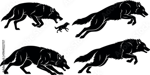 Wolf silhouette action poses set with running jumping hunting and stalking wild predator animal vector illustration collection