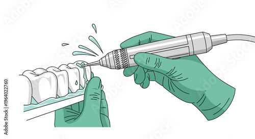 Illustration of a Dentist Using a Dental Polishing Tool on Teeth, Showing Water Splashing from the Drill