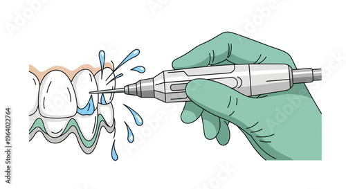 Vector illustration of dental cleaning gloved hand operating ultrasonic scaler on teeth with water spray, removing plaque for optimal oral hygiene