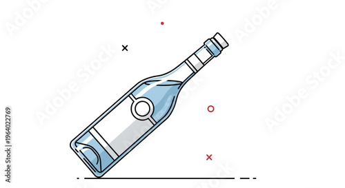 Glass wine bottle with a white label and cork stopper tilted on a minimalist background with colorful decorative accents.