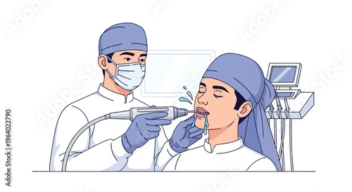 Vector illustration of a professional dental scaling procedure, where a skilled dentist performs oral hygiene and plaque removal on a patient in a clinic setting, emphasizing advanced dental care