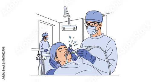 Detailed Vector Illustration of a Dentist Utilizing Advanced Medical Tools for a Dental Examination and Treatment in a Modern Clinic Setting, Emphasizing Patient Care and Health