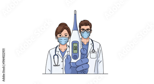 Digital Thermometer Vector Illustration of Medical Professionals with Stethoscope, Doctors Wearing Masks and Gloves in Clinical Setting