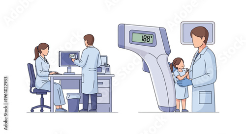 Medical Professionals Using Digital Thermometers for Temperature Checks, Vector Illustration Representing Health Monitoring and Disease Prevention Measures