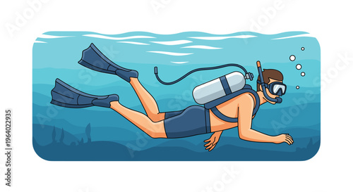 Scuba diver wearing full gear and fins swimming underwater in the deep blue ocean during a tropical diving excursion.