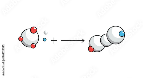 Chemical molecular structure diagram showing an atom addition reaction with spheres representing molecules and scientific progress.