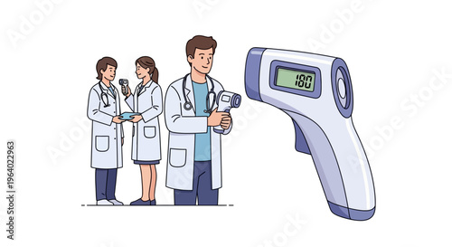 Vector illustration of medical professionals using a digital thermometer to check temperature, concept of health and wellness check-up
