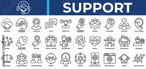 Support icon set collection. Containing question, decision, performance, survey, discussion, agreement, community .Line vector icons collection