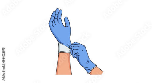 Vector Illustration of Hands Putting on Disposable Blue Medical Gloves, Safety and Hygiene Concept