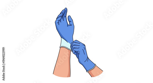 Vector illustration of hands putting on disposable gloves, symbolizing safety and hygiene protocols in medical and personal care settings
