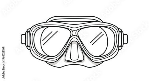Detailed line art drawing of a professional scuba diving or snorkeling mask with adjustable straps for underwater exploration.