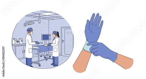 Vector illustration depicting the proper donning of disposable medical gloves by healthcare professionals in a sterile clinical environment for safety and hygiene