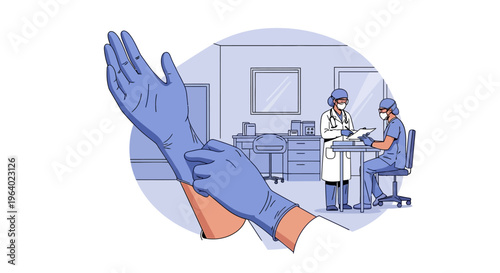 Vector illustration of a healthcare worker's hands donning blue disposable medical gloves, signifying essential personal protection and hygiene within a clinical setting