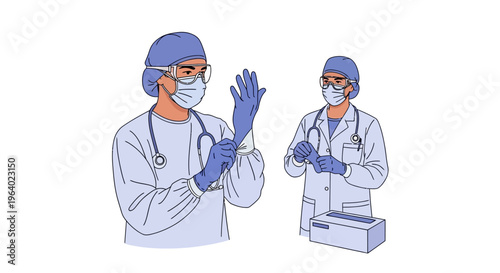 Vector illustration of medical professionals meticulously donning disposable protective gloves, demonstrating proper personal protective equipment and healthcare safety procedures