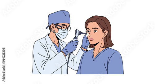 Vector illustration of a medical professional conducting an ear examination with an otoscope on a patient, healthcare consultation