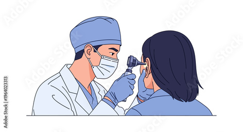 A medical professional vector illustration examining a patient's ear with an otoscope, representing healthcare and medical diagnostics