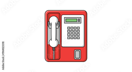 Vintage style red public telephone booth with buttons and a handset for voice communication in public urban city spaces.