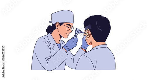 Vector illustration depicting a professional physician performing an ear examination on a patient using an otoscope for a health check-up and diagnosis