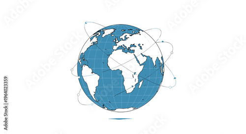 Blue and white globe of the world with digital orbital lines representing global communication, connectivity, and satellite networks.